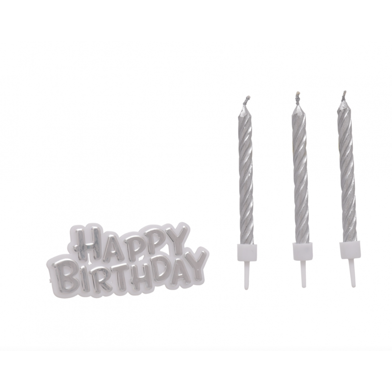 SILVER "HAPPY BIRTHDAY" CANDLES 16PK